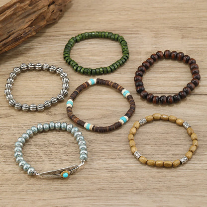 Feather Evil Eye Ethnic 5-6pc/set wood bead tree Charms bracelets Hamsa Hand Butterfly Bohemia Men Bracelets Women Jewelry