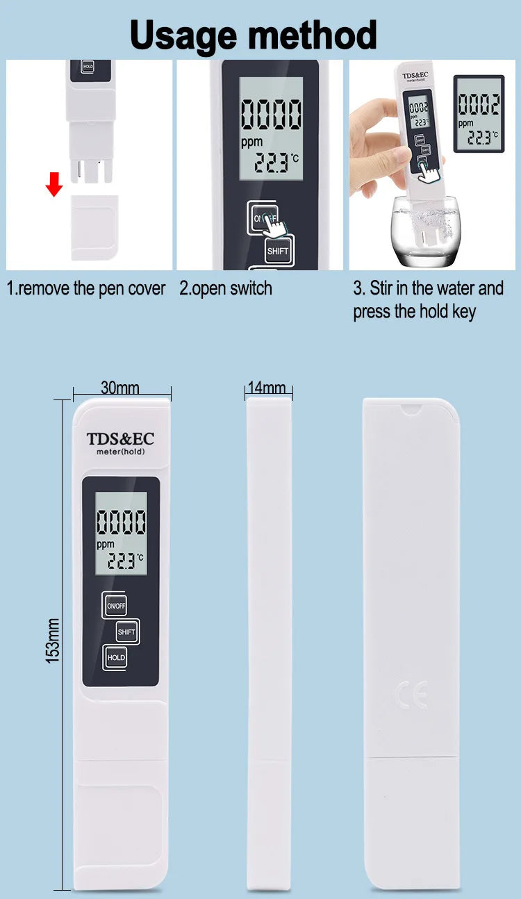 Digital Water Quality Tester TDS EC Meter Range 0-9990 Multifunctional Water Purity Temperature Meter TEMP PPM Tester