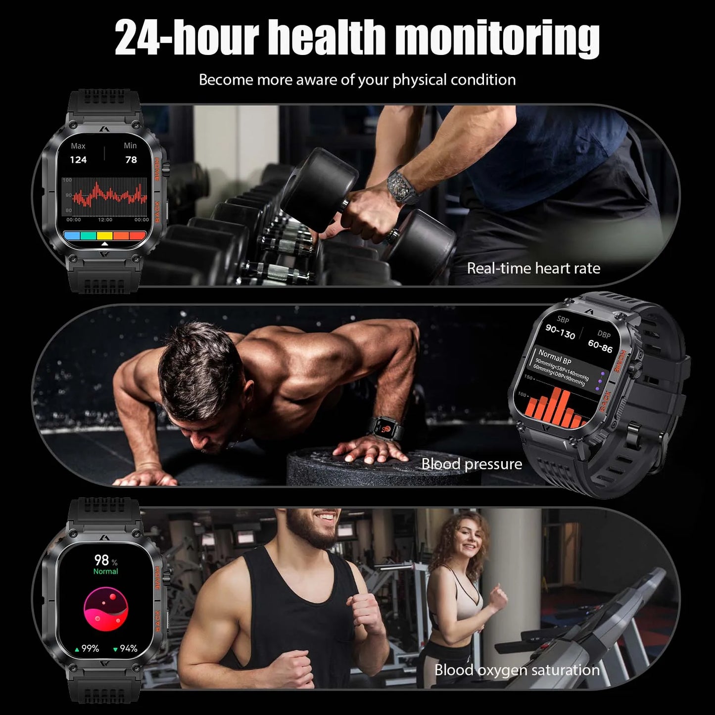 EIGIIS New 5ATM Waterproof Men Military Watch Heart Rate Blood Pressure Blood Oxygen 2.02'' TFT HD With Compass 100+ Sports Mode