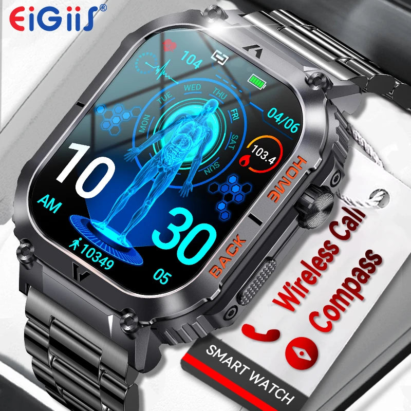 EIGIIS New 5ATM Waterproof Men Military Watch Heart Rate Blood Pressure Blood Oxygen 2.02'' TFT HD With Compass 100+ Sports Mode