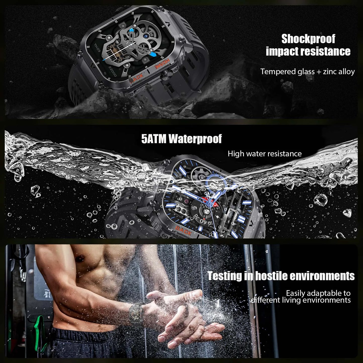 EIGIIS New 5ATM Waterproof Men Military Watch Heart Rate Blood Pressure Blood Oxygen 2.02'' TFT HD With Compass 100+ Sports Mode