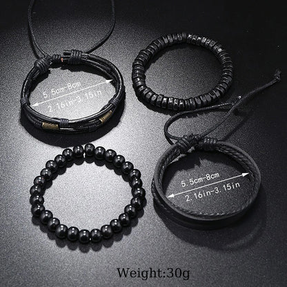 4PCS Fashion Vintage Men's Bracelet Multi-Layer Wooden Beads Trendy Accessories Leather Wooden Bead Set Bracelet for Men