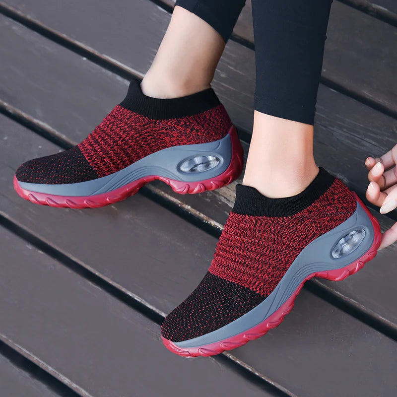 Women's Casual Sports Socks Sneakers Fashionable Thick Sole Air Cushion, Elevated Sloping Heel Rocking Shoes