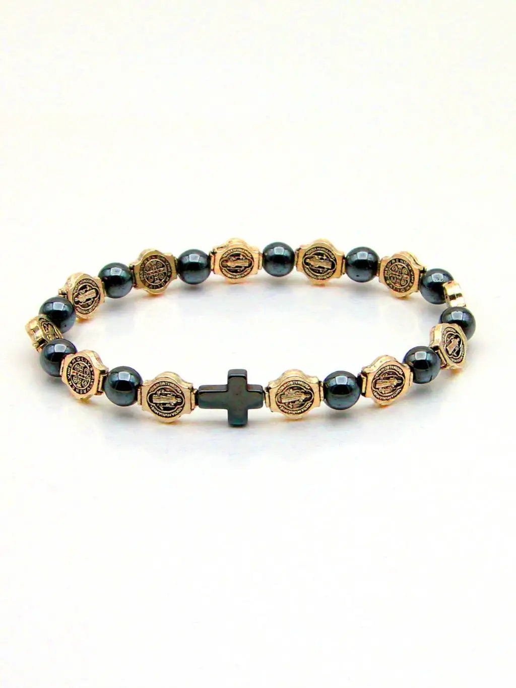 VILLWICE Catholic Rosary Bracelet St. Benedict Medal Cross Prayer Bracelets Hematite Beads Religion Jewelry Accessories