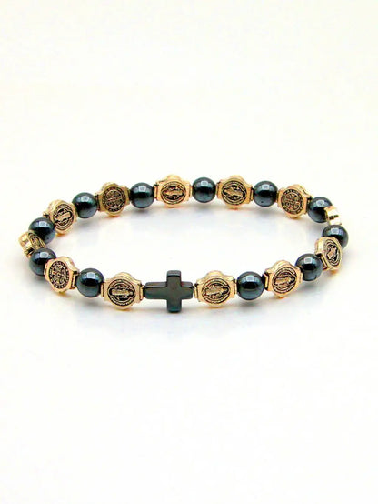 VILLWICE Catholic Rosary Bracelet St. Benedict Medal Cross Prayer Bracelets Hematite Beads Religion Jewelry Accessories