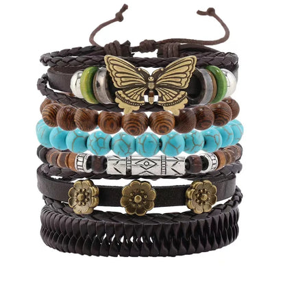 Feather Evil Eye Ethnic 5-6pc/set wood bead tree Charms bracelets Hamsa Hand Butterfly Bohemia Men Bracelets Women Jewelry