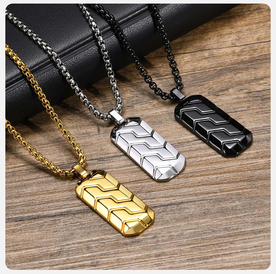 Vnox Cool Tire Pattern Necklaces for Men Boys, Stainless Steel Geometric Bar Pendant Collar, Punk Stylish Gifts for Him