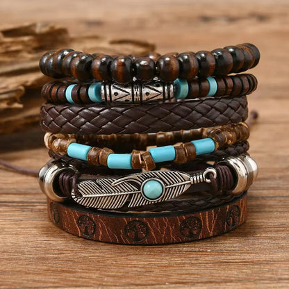 Feather Evil Eye Ethnic 5-6pc/set wood bead tree Charms bracelets Hamsa Hand Butterfly Bohemia Men Bracelets Women Jewelry