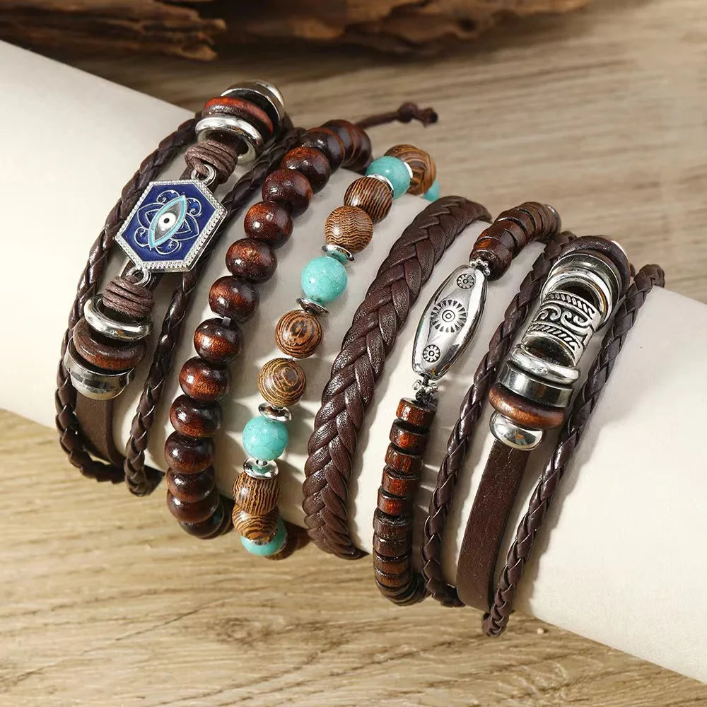 Feather Evil Eye Ethnic 5-6pc/set wood bead tree Charms bracelets Hamsa Hand Butterfly Bohemia Men Bracelets Women Jewelry