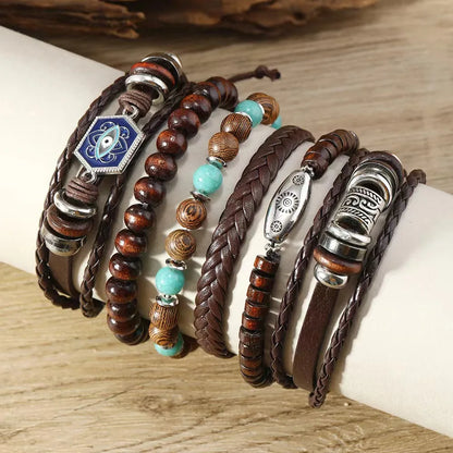 Feather Evil Eye Ethnic 5-6pc/set wood bead tree Charms bracelets Hamsa Hand Butterfly Bohemia Men Bracelets Women Jewelry