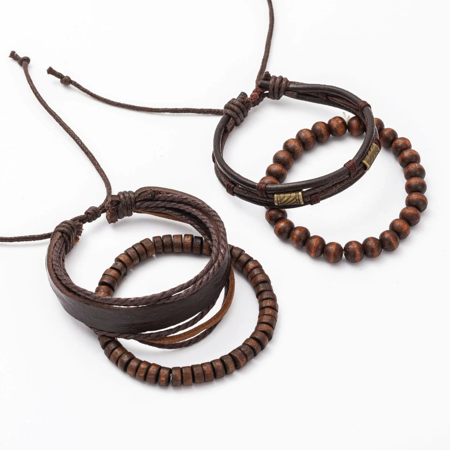 4PCS Fashion Vintage Men's Bracelet Multi-Layer Wooden Beads Trendy Accessories Leather Wooden Bead Set Bracelet for Men