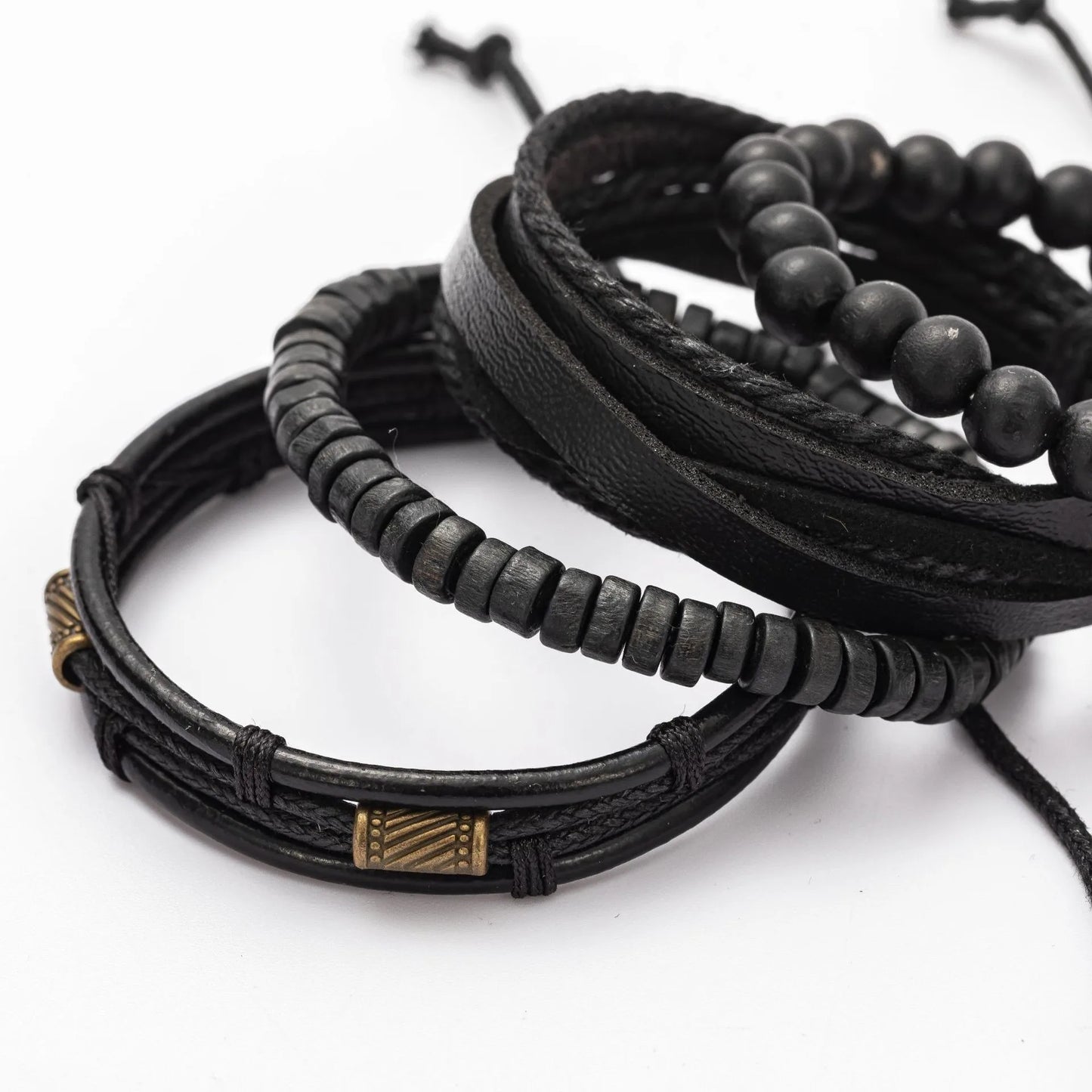 4PCS Fashion Vintage Men's Bracelet Multi-Layer Wooden Beads Trendy Accessories Leather Wooden Bead Set Bracelet for Men