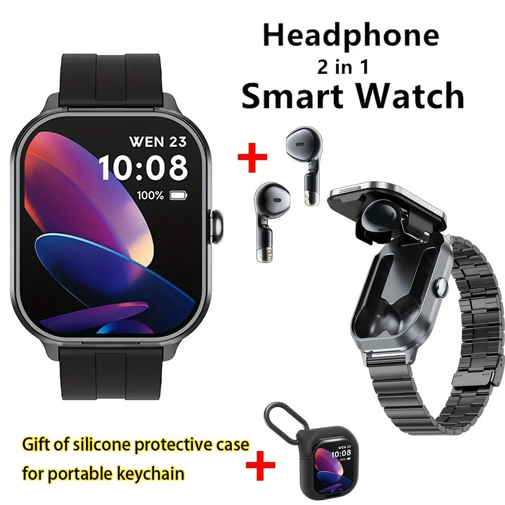 Men Smart Watch 2.01 inch HD Large Screen Waterproof Heart Rate Blood Oxygen Bluetooth earphone TWS 2 in 1 Make phone calls 2024