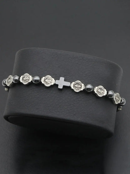 VILLWICE Catholic Rosary Bracelet St. Benedict Medal Cross Prayer Bracelets Hematite Beads Religion Jewelry Accessories
