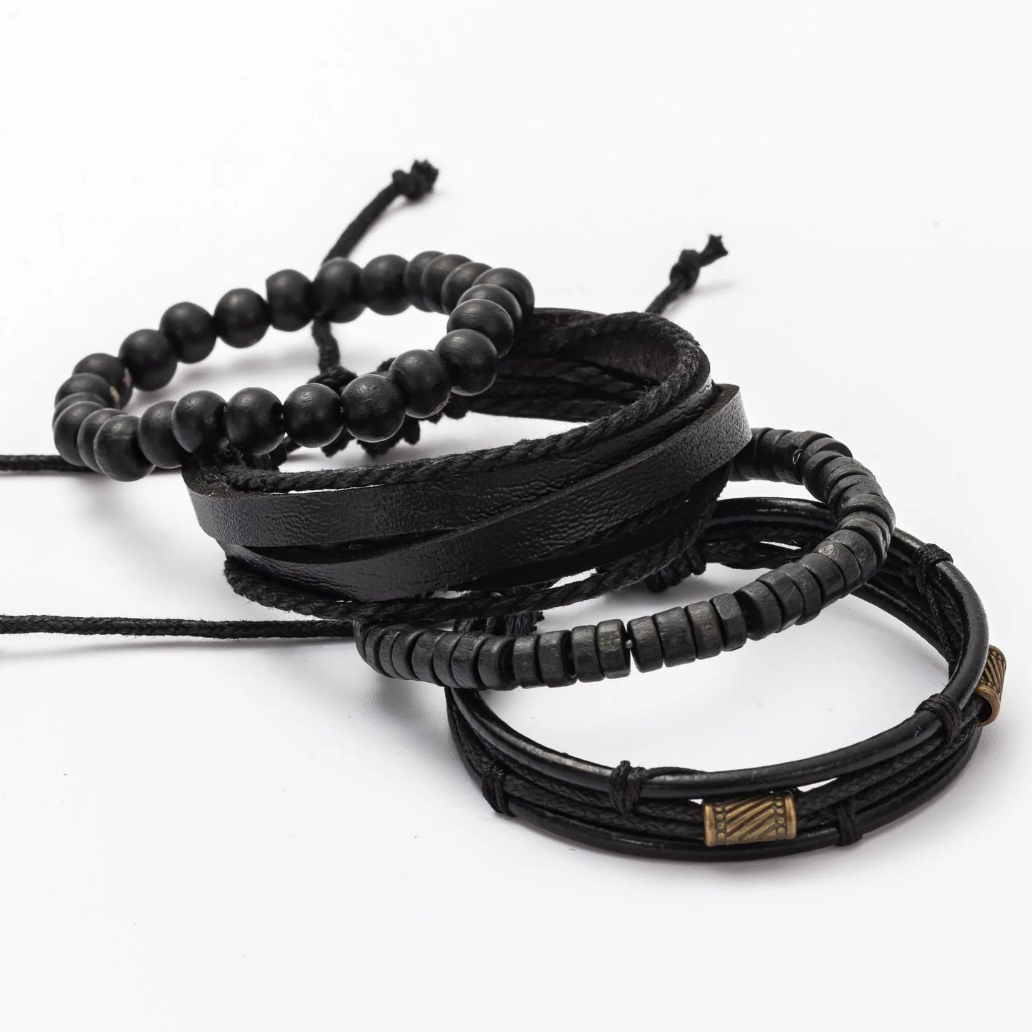 4PCS Fashion Vintage Men's Bracelet Multi-Layer Wooden Beads Trendy Accessories Leather Wooden Bead Set Bracelet for Men