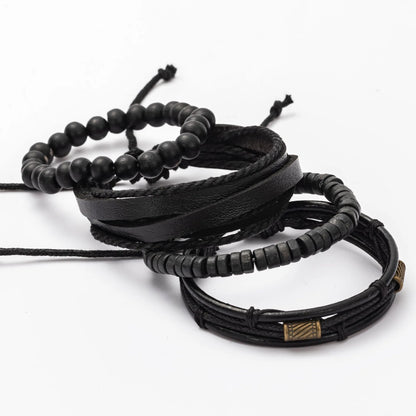 4PCS Fashion Vintage Men's Bracelet Multi-Layer Wooden Beads Trendy Accessories Leather Wooden Bead Set Bracelet for Men