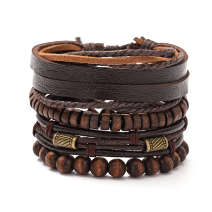 4PCS Fashion Vintage Men's Bracelet Multi-Layer Wooden Beads Trendy Accessories Leather Wooden Bead Set Bracelet for Men