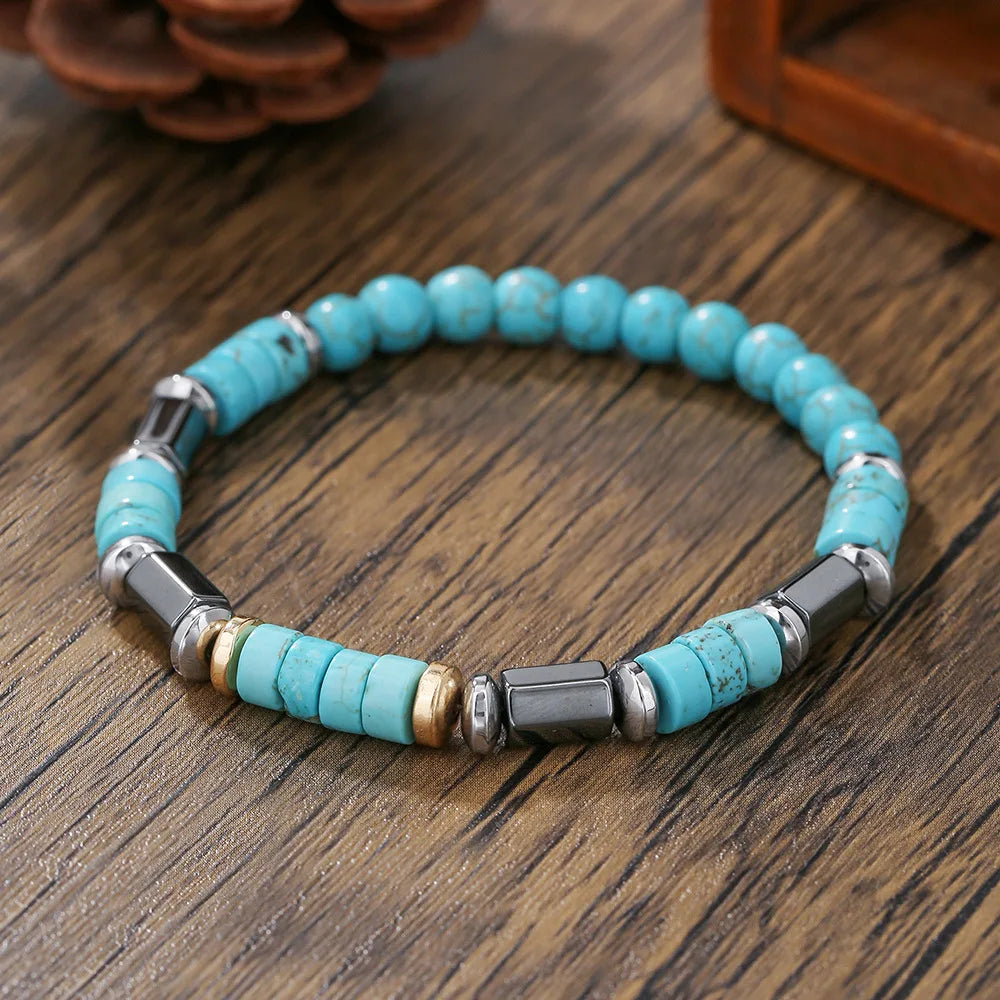 Retro Imitation Natural Blue Stone Bead Bracelet Fashion Men Summer Jewelry Trend Bohemian Accessories