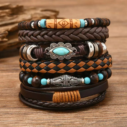 Feather Evil Eye Ethnic 5-6pc/set wood bead tree Charms bracelets Hamsa Hand Butterfly Bohemia Men Bracelets Women Jewelry