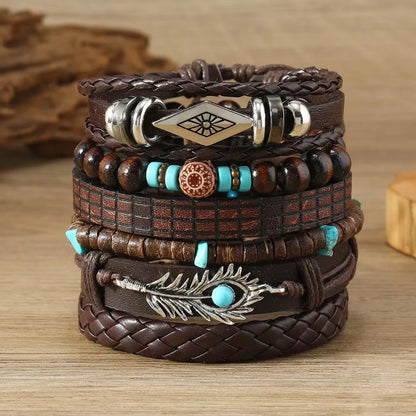 Feather Evil Eye Ethnic 5-6pc/set wood bead tree Charms bracelets Hamsa Hand Butterfly Bohemia Men Bracelets Women Jewelry