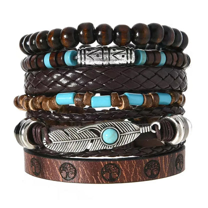 Feather Evil Eye Ethnic 5-6pc/set wood bead tree Charms bracelets Hamsa Hand Butterfly Bohemia Men Bracelets Women Jewelry