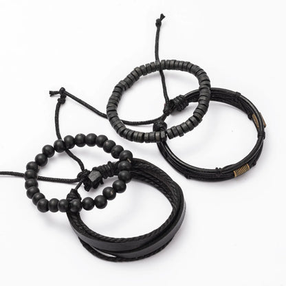 4PCS Fashion Vintage Men's Bracelet Multi-Layer Wooden Beads Trendy Accessories Leather Wooden Bead Set Bracelet for Men