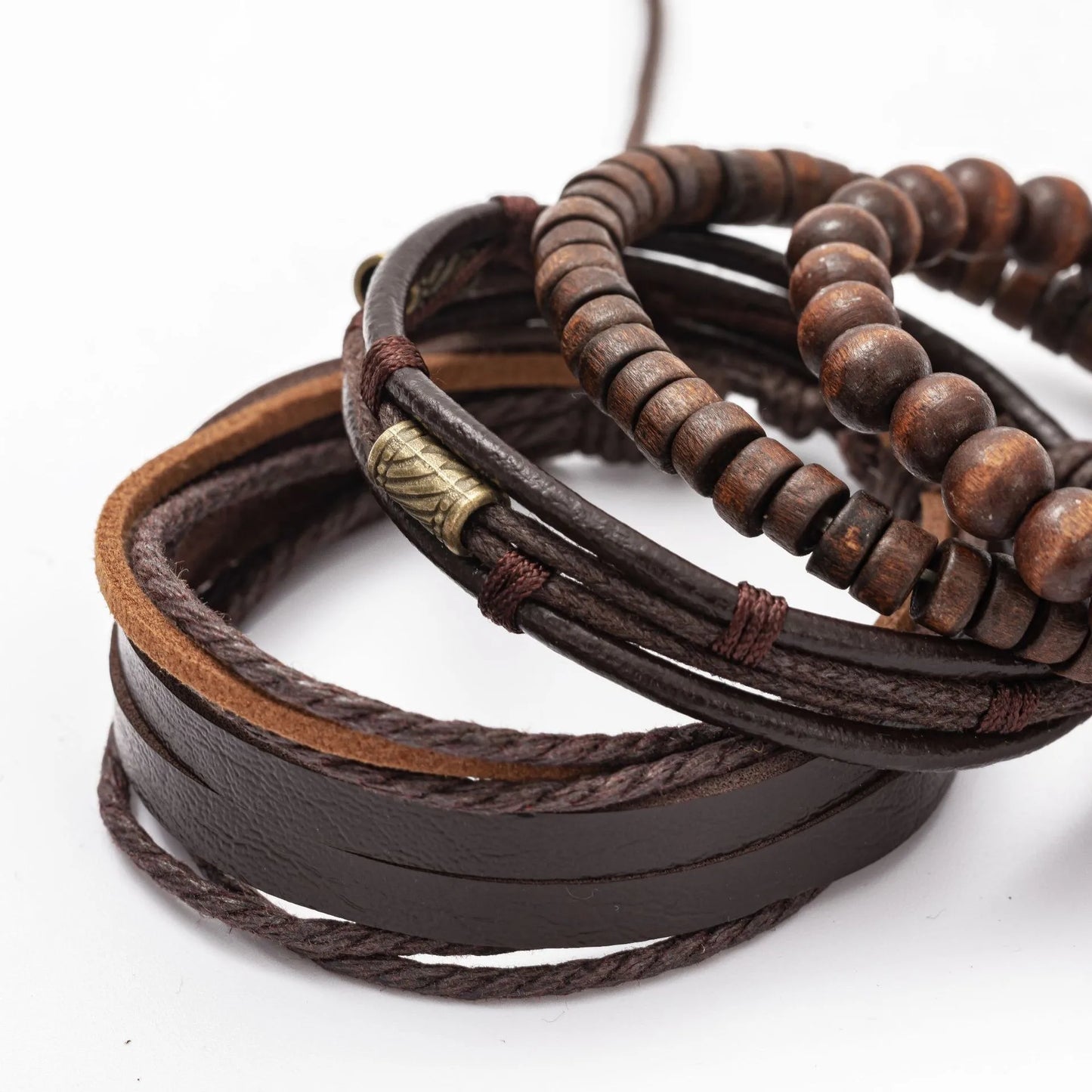 4PCS Fashion Vintage Men's Bracelet Multi-Layer Wooden Beads Trendy Accessories Leather Wooden Bead Set Bracelet for Men