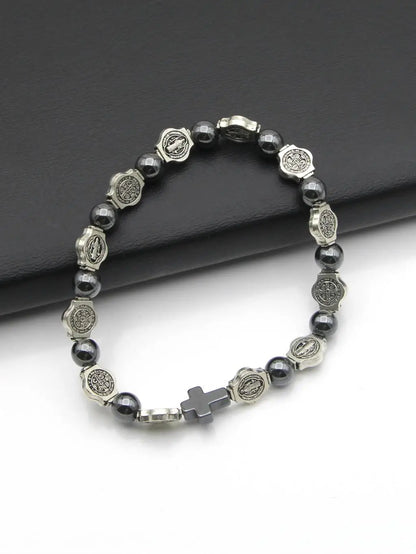 VILLWICE Catholic Rosary Bracelet St. Benedict Medal Cross Prayer Bracelets Hematite Beads Religion Jewelry Accessories
