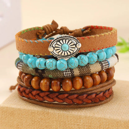 Feather Evil Eye Ethnic 5-6pc/set wood bead tree Charms bracelets Hamsa Hand Butterfly Bohemia Men Bracelets Women Jewelry