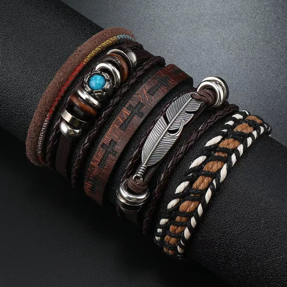Feather Evil Eye Ethnic 5-6pc/set wood bead tree Charms bracelets Hamsa Hand Butterfly Bohemia Men Bracelets Women Jewelry