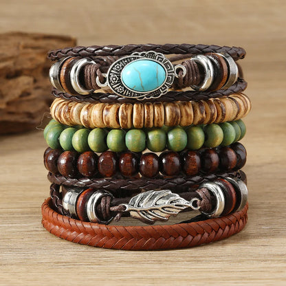 Feather Evil Eye Ethnic 5-6pc/set wood bead tree Charms bracelets Hamsa Hand Butterfly Bohemia Men Bracelets Women Jewelry
